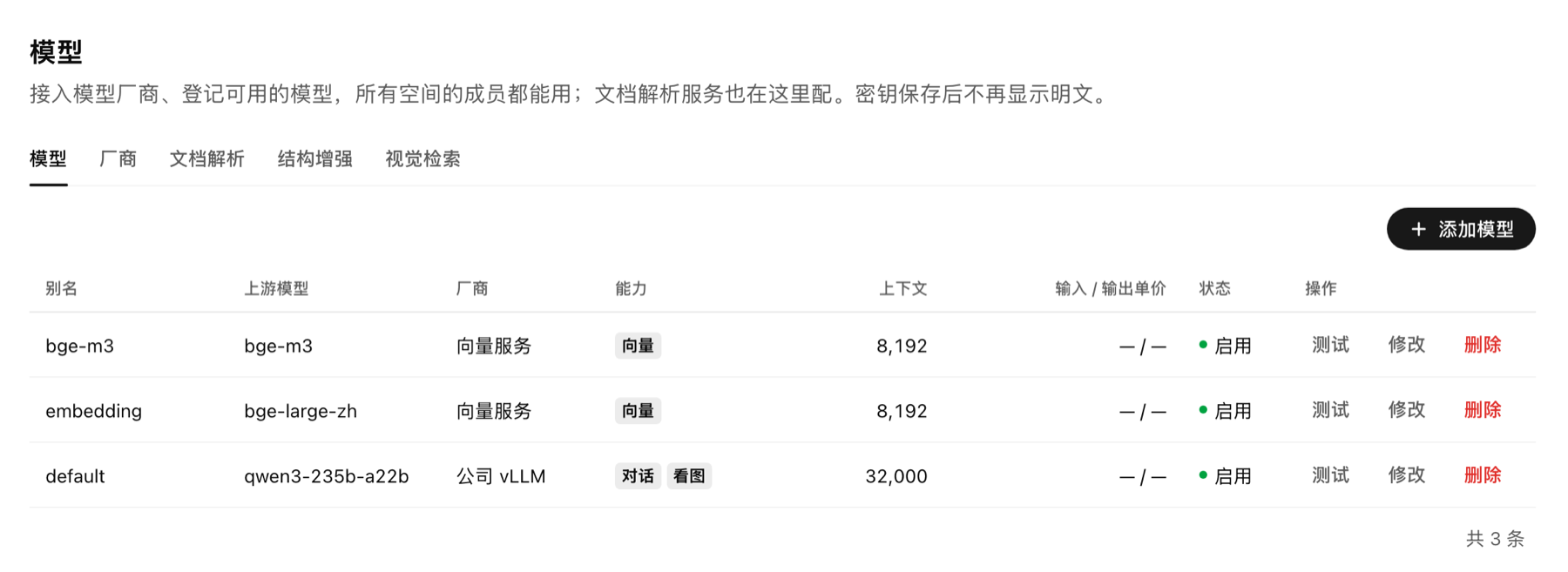 模型页:模型、厂商、文档解析、结构增强、视觉检索五个分页